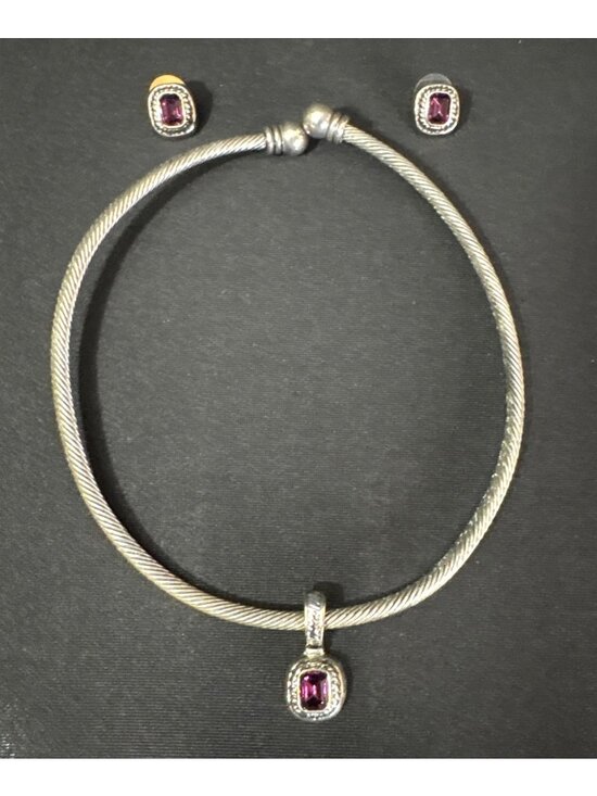 None Jewelry - Two-Tone Amethyst Purple Necklace & Earring Gemstone Pendants Jewelry Set